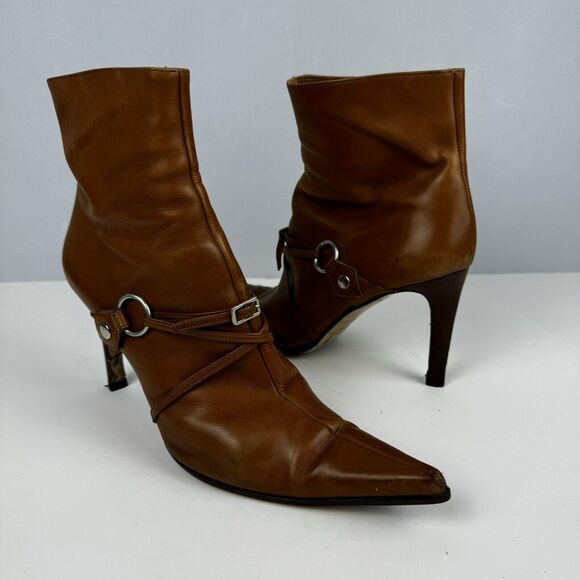 Sergio Rossi Tan Leather Ankle Boots Women Sz. 6 36 Buckle Detail Made in Italy - Picture 3 of 11